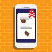 Malware notification on smartphone notice vector, flat mobile phone and skull bones bubble red alert, concept of spam data, fraud internet error message. vector