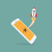 The rocket is attacking the mobile phone. Flat design. Successful startup business concept. vector