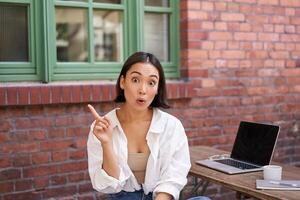 Asian girl with surprised face, sitting with laptop, pointing left at copy space, banner with information, looking amazed photo