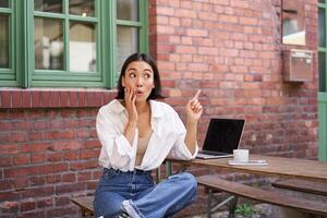 Stylish urban girl, asian woman with laptop sits in cafe, points at upper right corner banner, shows copy space with surprised face expression photo