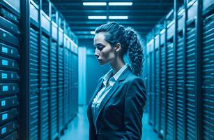 AI generated Futuristic Concept of Data Center In Warehouse, Information Digitalization Lines Streaming Through Server Room. photo