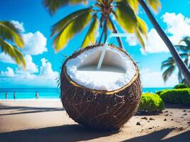 AI generated Coconut exotic nourishment on horizontal blur background. Open coco nut on premium resort. photo