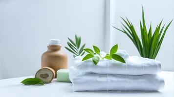 AI generated Spa composition with towels, aromatic oil, foliage on a table. photo