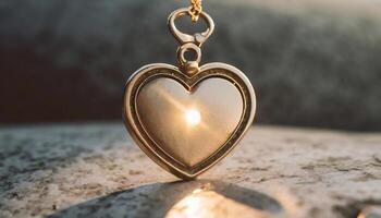 AI generated Glowing shiny gold heart keychain for romantic valentine day or wedding date ceremony. photo