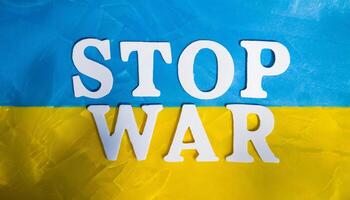 AI generated Stop war in Ukraine poster with flag. Support and protection ukrainian. photo