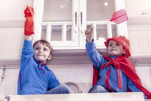 children playing at being wonderful hero photo