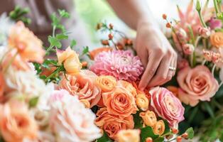 AI generated Young Florist Arranging a Colorful Bouquet in a Cozy Flower Shop photo