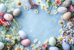 AI generated Elegant Easter Celebration With Decorated Eggs and Spring Flowers on a Pastel Background photo