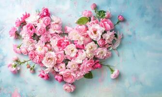 AI generated Vibrant Pink Floral Heart Wreath Displayed on a Soft Pastel Background photo