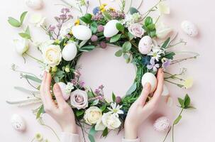 AI generated Woman Crafting a Spring-Themed Floral Wreath With Easter Decorations photo