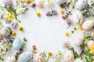 AI generated Colorful Easter Eggs and Spring Flowers Arranged on a White Background photo
