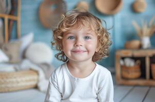 AI generated Smiling Toddler With Curly Hair Posing for a Portrait Against a Blue Background photo