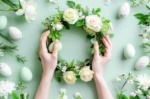 AI generated Woman Crafting a Spring-Themed Floral Wreath With Easter Decorations photo