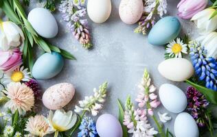 AI generated Elegant Easter Celebration With Decorated Eggs and Spring Flowers on a Pastel Background photo