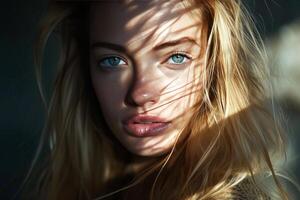 AI generated Young Woman With Blue Eyes Bathed in Sunlight Through Blinds photo