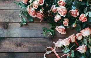 AI generated Pink Roses Arranged on a Rustic Wooden Table for Floral Decoration photo