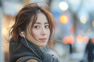 ai generado joven mujer escuchando a música con auriculares en urbano noche ajuste foto