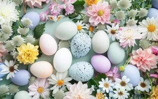 AI generated Elegant Easter Celebration With Decorated Eggs and Spring Flowers on a Pastel Background photo