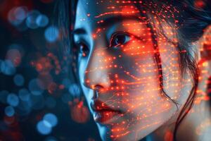 AI generated Womans Face Illuminated by Ethereal Digital Light Patterns in Close-Up View photo