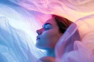 AI generated Serene Woman Resting in a Whimsical Setting Bathed in Blue and Pink Light photo