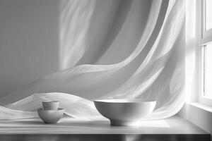 AI generated Black and White Composition of Elegant Curtains and Ceramic Bowls by a Window photo