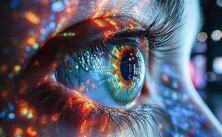 AI generated Close-Up of a Womans Eye Reflecting Abstract Digital Data Patterns photo