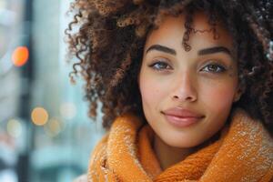 ai generado sonriente mujer con Rizado pelo vistiendo un naranja bufanda en un Nevado día foto