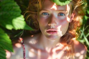 AI generated Serene Young Woman Peering Through Sunlit Leaves During a Peaceful Afternoon photo