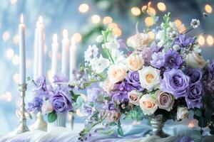 AI generated Elegant Floral Arrangement and Candles on Display for a Romantic Evening Event photo