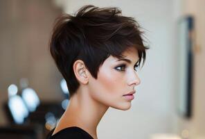 AI generated Stylish Young Woman Showcasing a Modern Short Hairstyle Against a Neutral Background photo