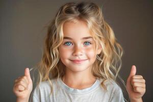 AI generated Smiling Young Girl With Blue Eyes Raising Hand in a Bright Indoor Setting photo