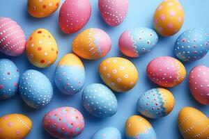 AI generated Vibrantly Decorated Easter Eggs Lined Up Against a Textured Blue Background photo