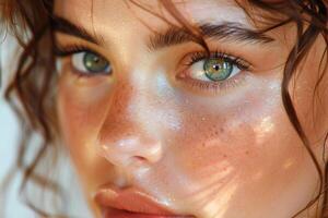 AI generated Close-Up Portrait of a Young Woman With Striking Blue Eyes and Freckles photo