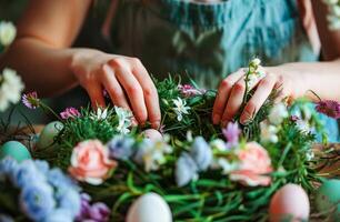 ai generado florista arreglando hermosa Pascua de Resurrección flores y pastel huevos en calentar iluminado por el sol habitación foto