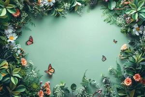 AI generated Vibrant  Butterflies Adorning a Floral Frame With Tropical Foliage photo