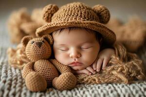 ai generado sonriente bebé con azul ojos siguiente a un marrón osito de peluche oso en un suave cama foto