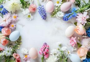 AI generated Elegant Easter Celebration With Decorated Eggs and Spring Flowers on a Pastel Background photo