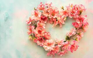 ai generado vibrante rosado floral corazón guirnalda desplegado en un suave pastel antecedentes foto