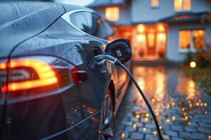 ai generado persona cargando un eléctrico coche fuera de un residencial hogar a oscuridad foto