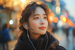 AI generated Young Woman Listening to Music With Earphones in Urban Evening Setting photo