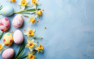 AI generated Colorful Painted Easter Eggs and Fresh Daffodils on a Blue Background photo