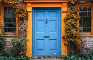 AI generated Elegant Blue Entrance Door of a Traditional Home on a Sunny Afternoon photo