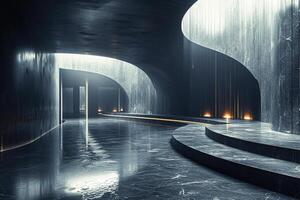 AI generated Modern Architectural Design Featuring Curved Structures and Water Elements in a Dimly Lit Space photo