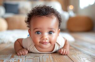AI generated Smiling Baby With Sparkling Eyes Lies on a Wooden Floor Indoors During Daytime photo