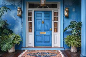 AI generated Elegant Blue Entrance Door of a Traditional Home on a Sunny Afternoon photo