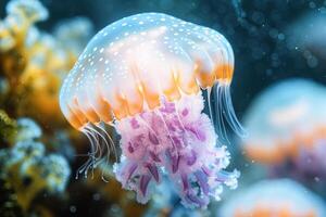 AI generated Luminescent Jellyfish Gracefully Drifting in the Deep Blue Ocean at Twilight photo