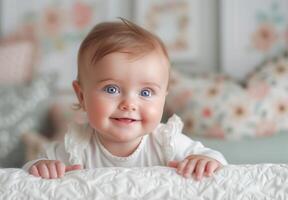 AI generated Smiling Blue-Eyed Baby Enjoying Tummy Time Indoors on a Textured Blanket photo