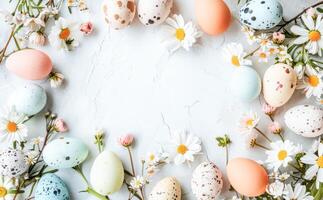 AI generated Colorful Easter Eggs and Spring Flowers Arranged on a White Background photo