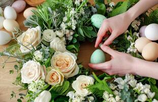 AI generated Woman Crafting a Spring-Themed Floral Wreath With Easter Decorations photo