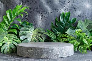 AI generated Modern Display Podium With Lush Tropical Greenery Against Textured Grey Background photo